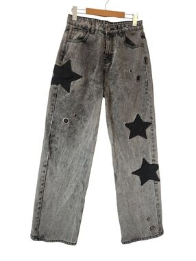 ​Daisy Street Black Stonewash Star Patch Grommet Wide Leg Jeans High Rise 5